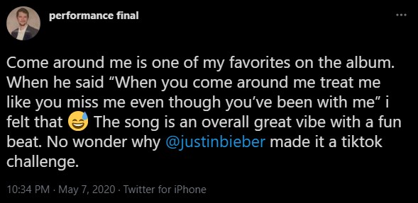 A tweet from a live tweet thread on Justin Beiber.