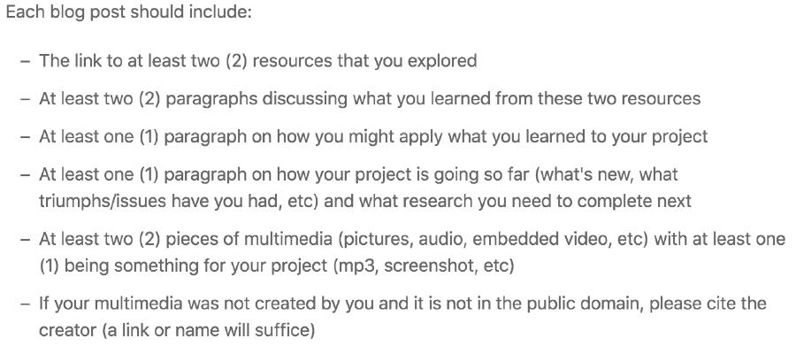 The requirements for each blog post.